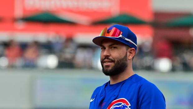 Mar 23, 2023; Mesa, Arizona, USA; Chicago Cubs first baseman Eric Hosmer (51) looks on in the second inning against the Arizona Diamondbacks during a Spring Training game at Sloan Park. Mandatory Credit: Matt Kartozian-USA TODAY Sports